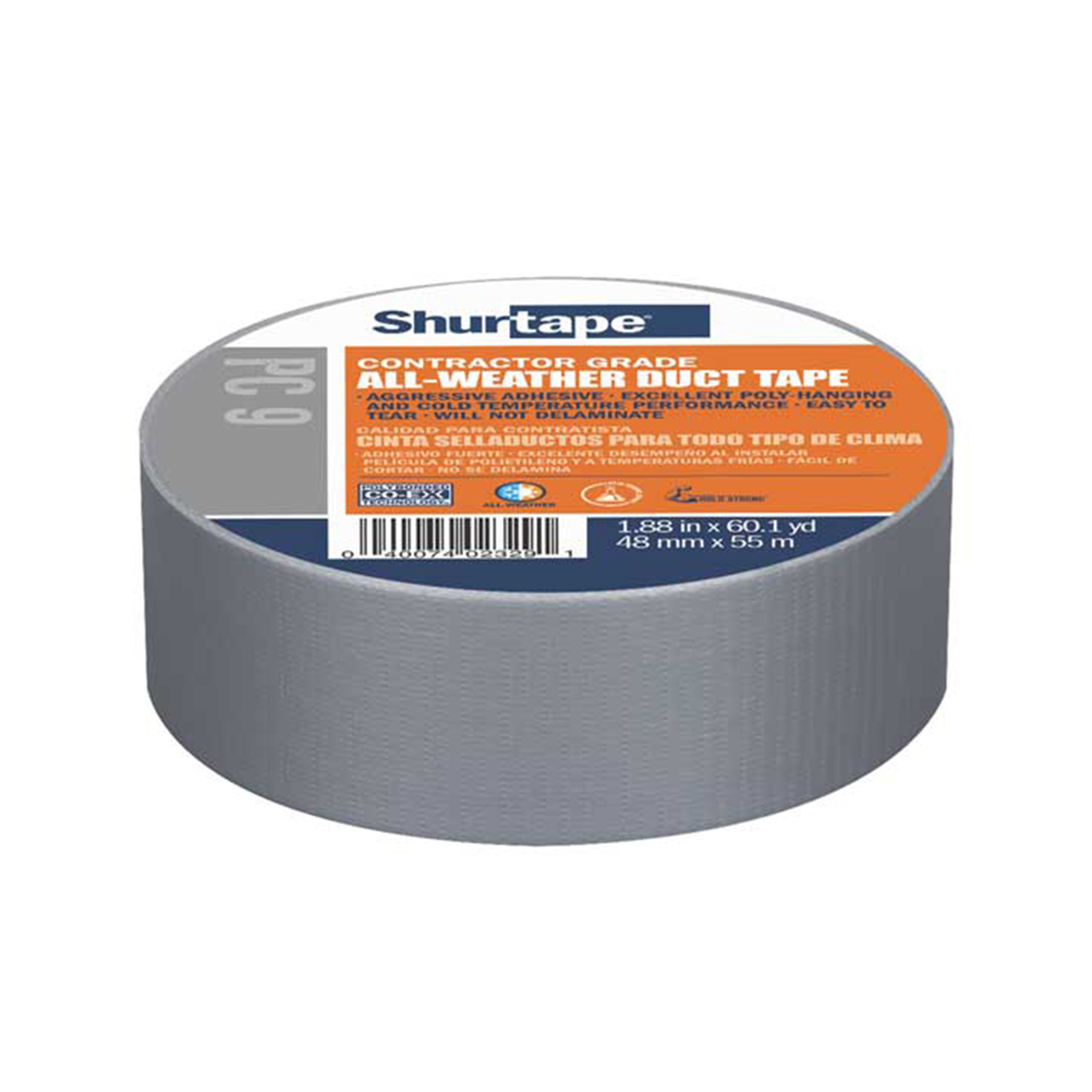 Shurtape Duck Pro Contractor Grade Co-Extruded Duct Tape — 48mm x 55m, Silver, 9.0 mil, Waterproof, Model# SHT105450